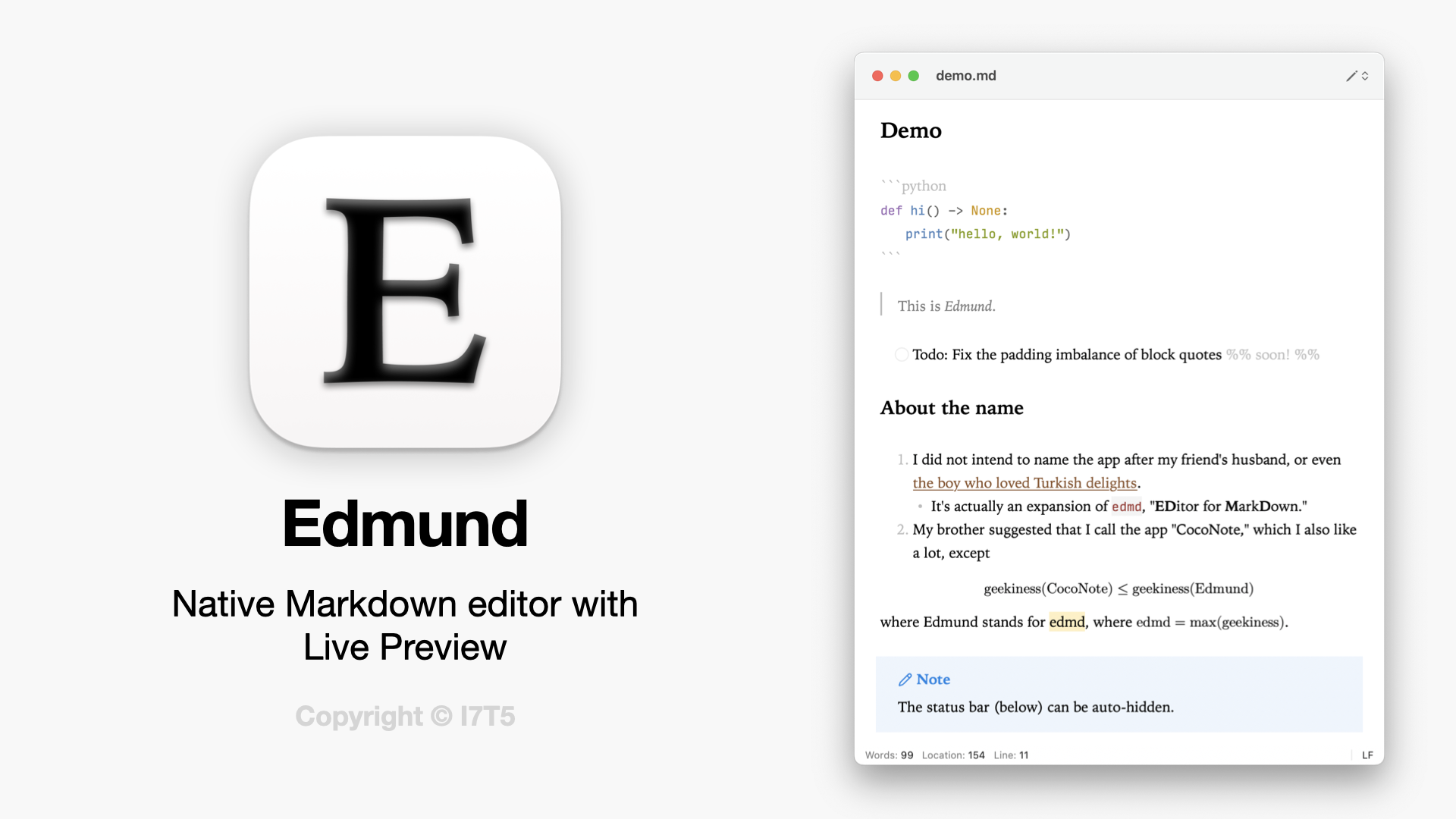 Edmund logo, summary, and demo file window