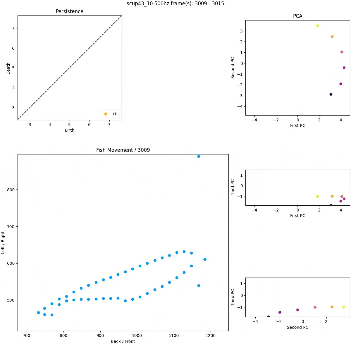 Persistence Diagram, PCA components 1 and 2, and Fish